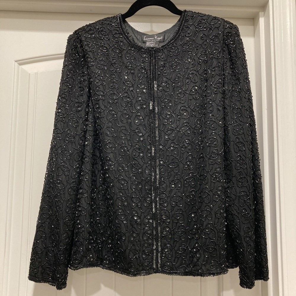 NWT Laurence Kazar Paris-New York 100% Silk Beaded Black Jacket Blazer SZ XL